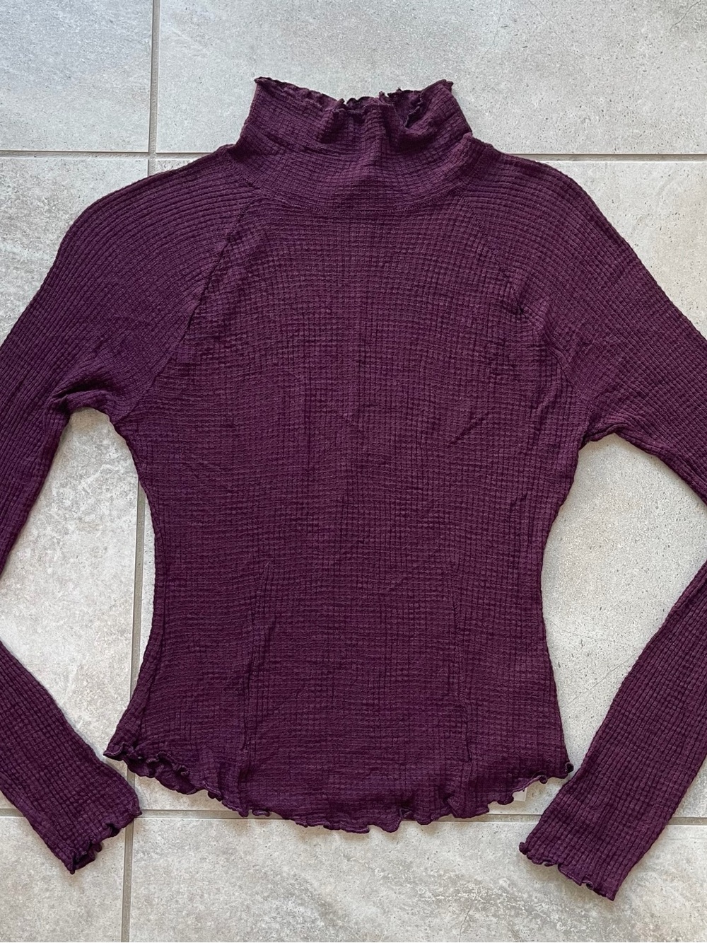 Free People Plum Ribbed Lettuce-Edge Mock Neck Long Sleeve